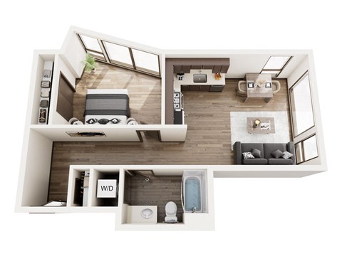 Floor plan for 1 bed, 1 bath, 624 sqft